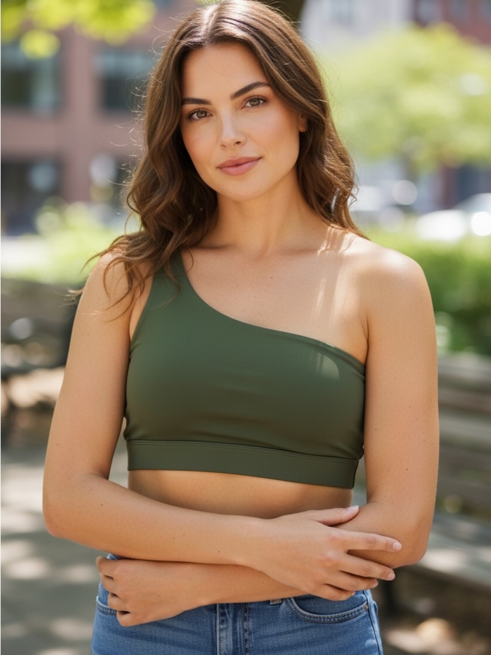 Fabletics One-Shoulder Olive Green Sports Bra